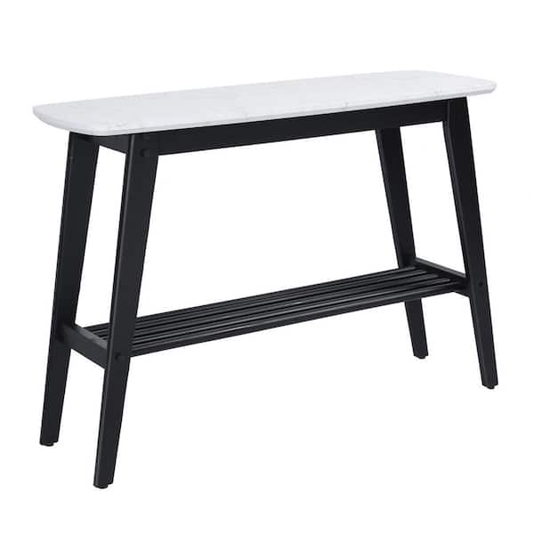 StyleCraft Birchwood 16 in. Faux White, Black Marble Top, Black, Matte Black Slatted Rectangle Marble Console Table