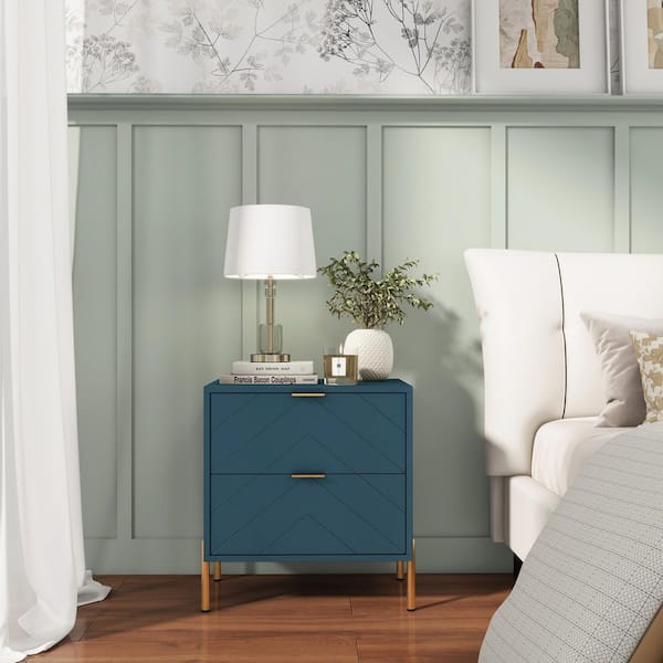 Modern Green MDF 2-Drawer Nightstand with Chrome Legs and Smooth Gliding Drawers for Bedroom Storage