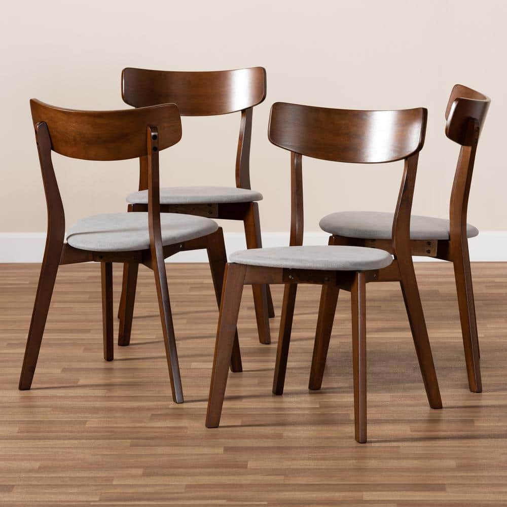 Set of 4 Light Grey Upholstered Walnut Wood Dining Chairs