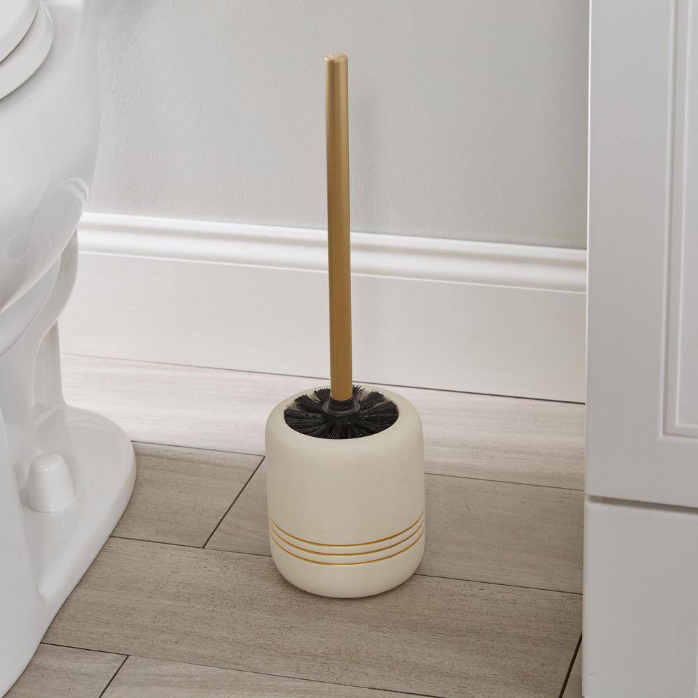 White and Gold Ceramic Toilet Brush Holder with Stainless Steel Handle
