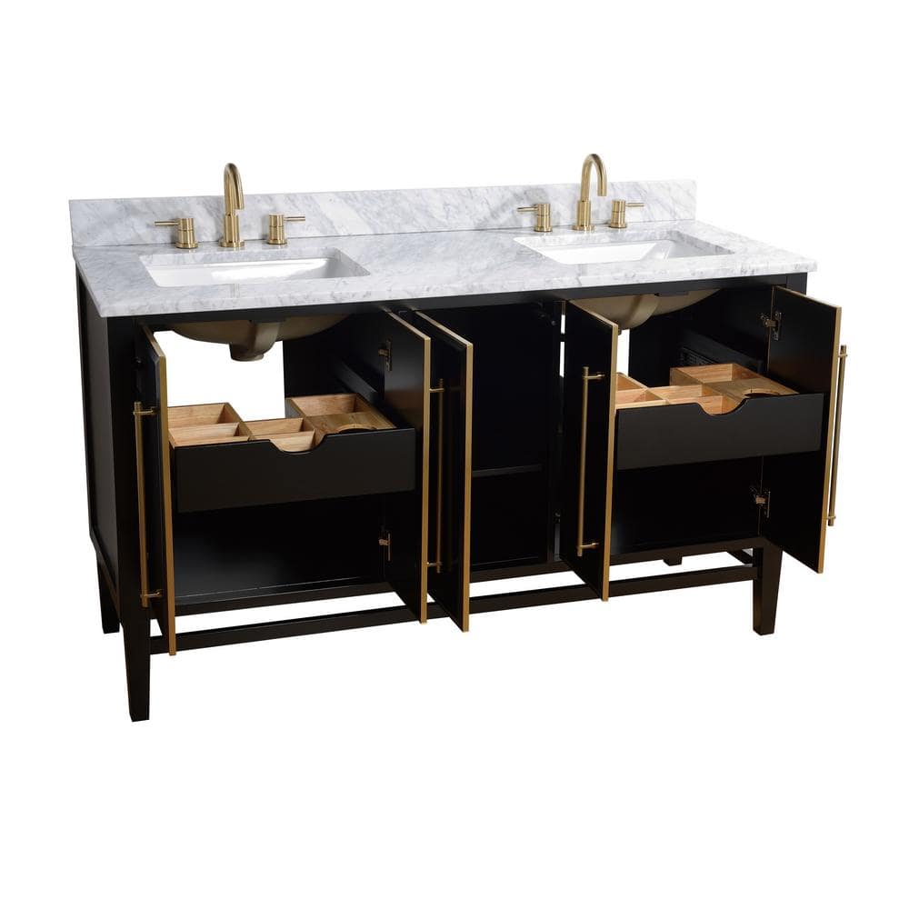 Mason 61" Black and Gold Double Vanity with Marble Top