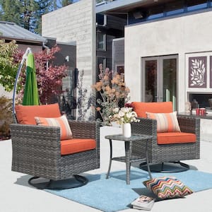 Megon Holly Gray 3-Piece Wicker Patio Conversation Seating Sofa Set with Red Cushions and Swivel Rocking Chairs