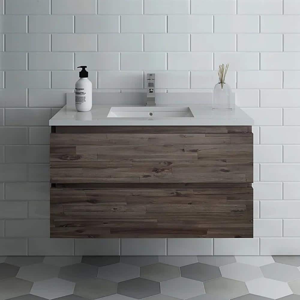Acacia Brown 35" Wall Mount Single Sink Vanity Base