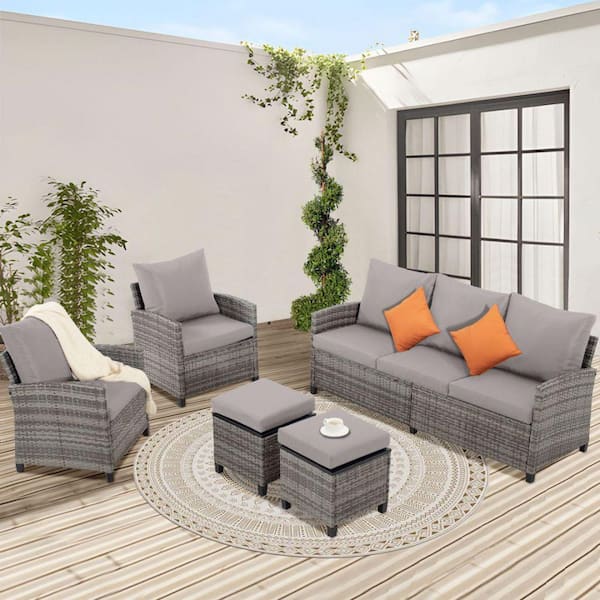 5-Pieces Outdoor Rattan Sectional Sofa Patio Wicker Furniture Sets with CushionGuard Gray Cushions