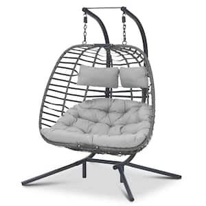 Large 2-Person 500 lbs. Gray Wicker Double Swing Egg Chair with Black Stand and Gray Cushions