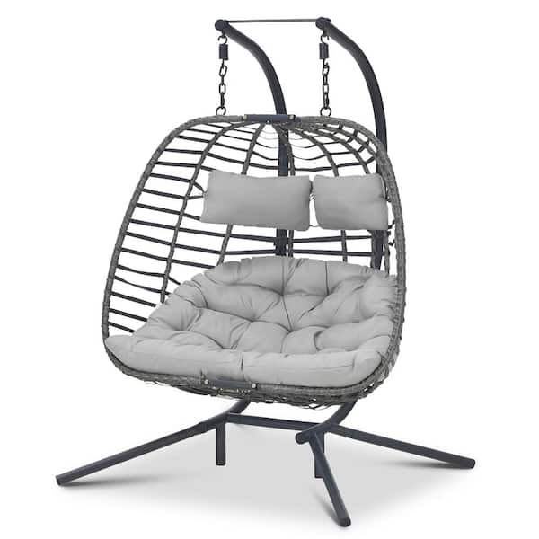 Brafab Large 2-Person 500 lbs. Gray Wicker Double Swing Egg Chair with Black Stand and Gray Cushions