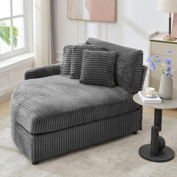 Dark Grey Corduroy Upholstered Velvet Left Side Chaise Lounge with Pillow
