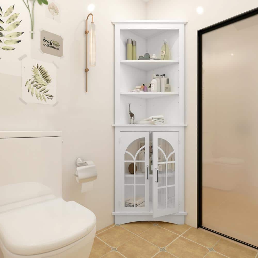 White MDF Corner Accent Cabinet with Adjustable Shelves and Glass Doors