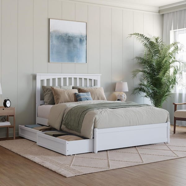 AFI Everett White Solid Wood Frame Full Platform Bed with Panel Footboard and Storage Drawers