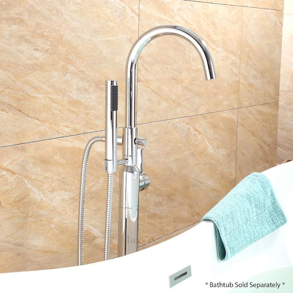 Modern Freestanding Single-Handle Floor-Mount Roman Tub Faucet Filler with Hand Shower in Chrome