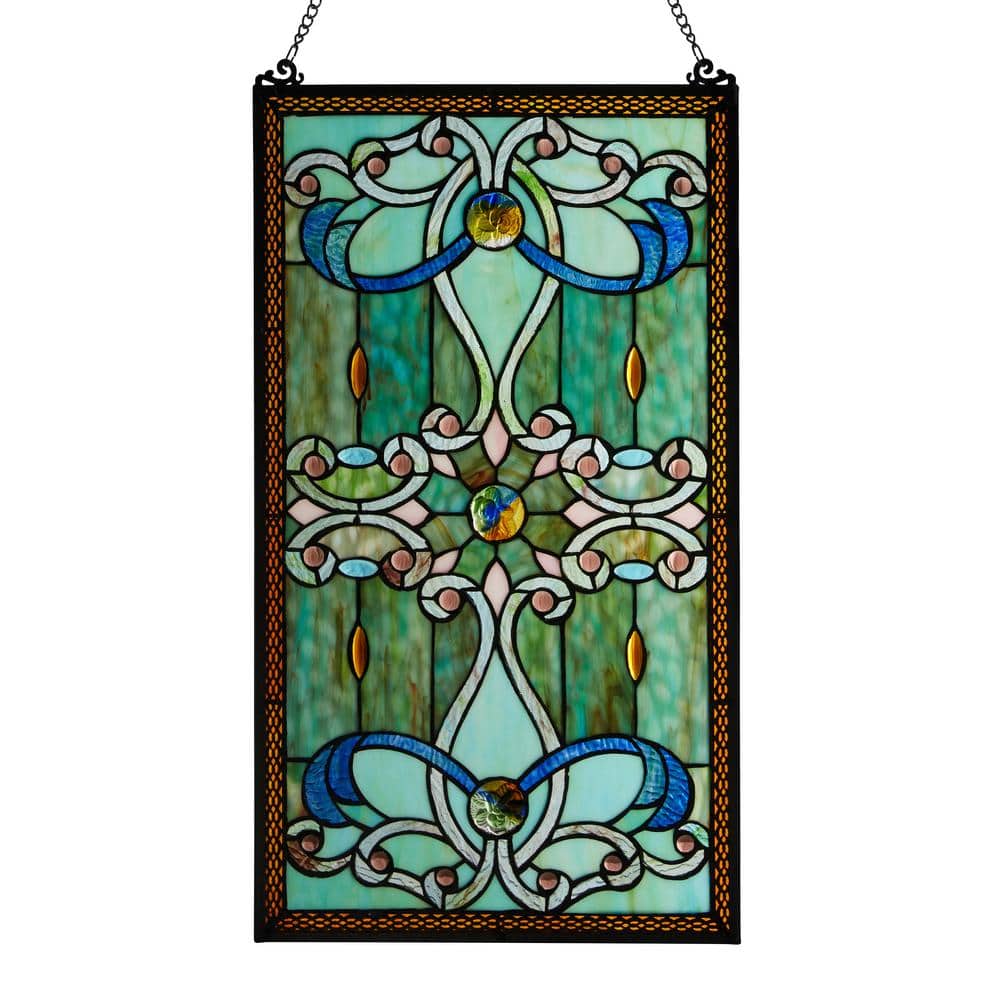 Stained glass panel/window. Framed art glass. Blue green stained glass ...