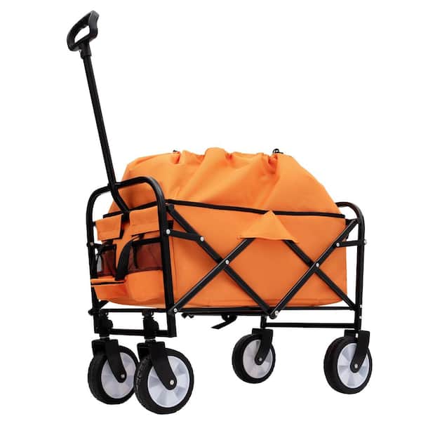 9.74 cu. ft. Orange Fabric Expandable Garden Cart, Heavy Duty Folding Wagon Grocery Cart for Camping, Shopping, Fishing