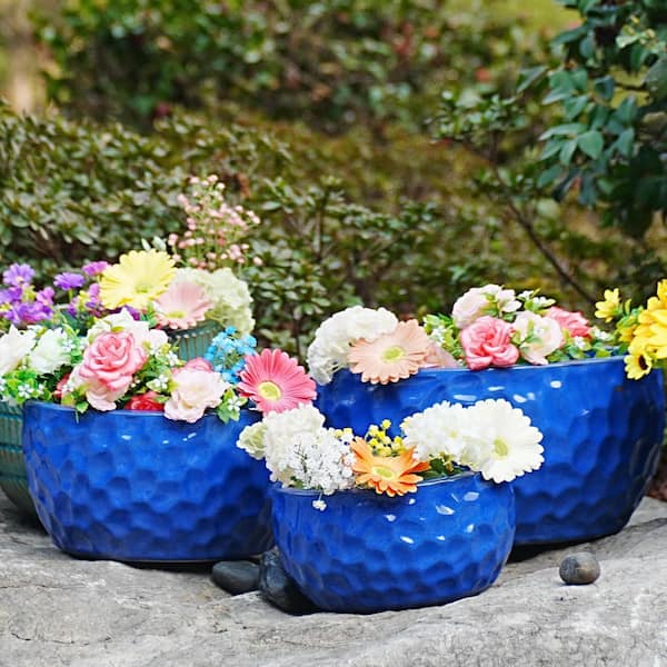 Set of 3 7.5 in. Antique Blue Ceramic Flowerpot-Round Modern Planter with Drainage Hole, Frost and Weather Resistant