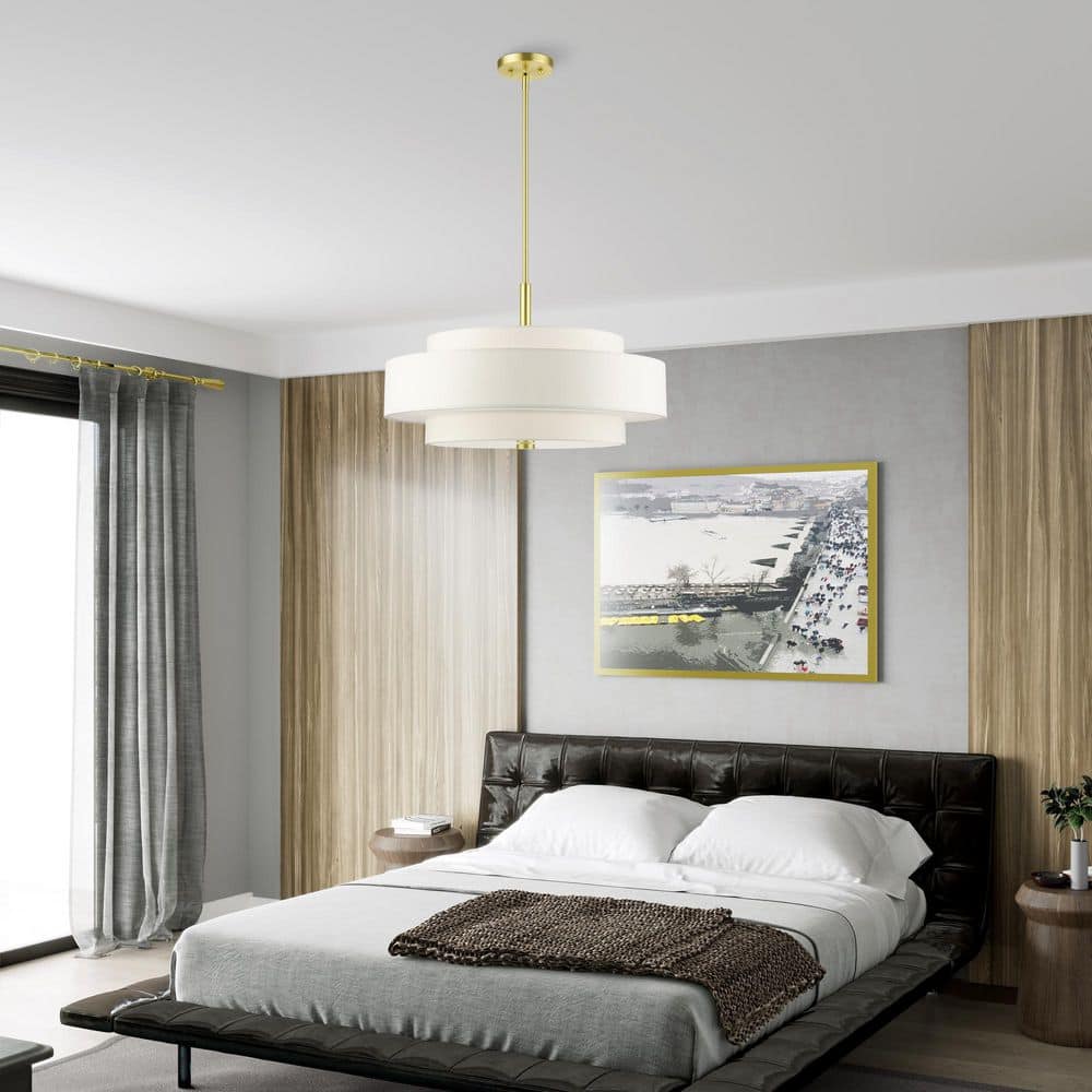 Meridian Satin Brass 5-Light Drum Shade Pendant Chandelier