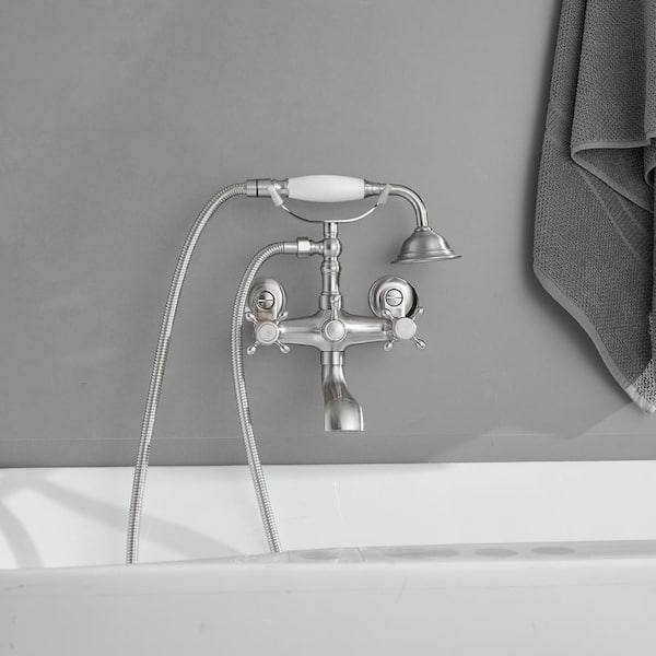 3-Handle Wall Mount Claw Foot Tub Faucet with Hand Shower in Brushed Nickel