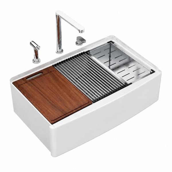 33 in. Apron Front Single Bowl White Fireclay Farmhouse Ledge Workstation Kitchen Sink, 10 in. Deep