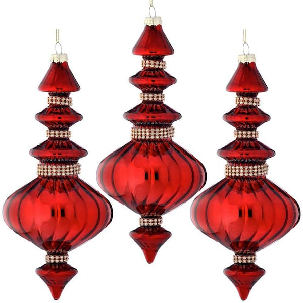 9 in. Glass With Diamondn Band Finial Ornament (Set of 3)