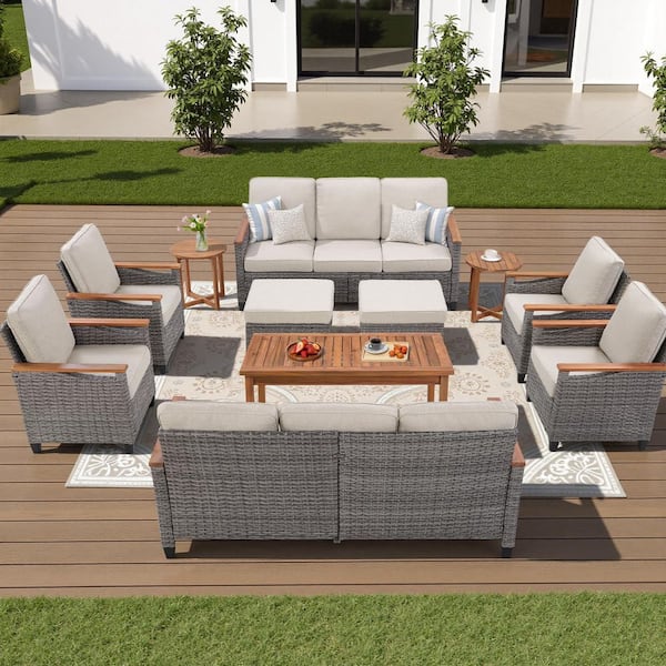 Caladin 11-Piece Wood and Wicker Patio Conversation Set, 10-Seat Outdoor Sofa Seating Set With Beige Cushions