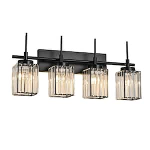 Orillia 27.17 in. 4-Light Modern Industrial Black Bathroom Vanity Light with Crystal Square Shades