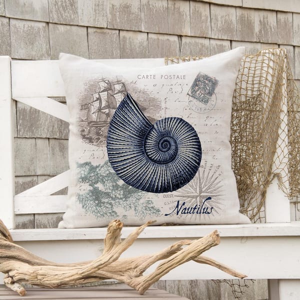 Heritage Lace Indigo Shells Oyster Nautilus Standard Throw Pillow