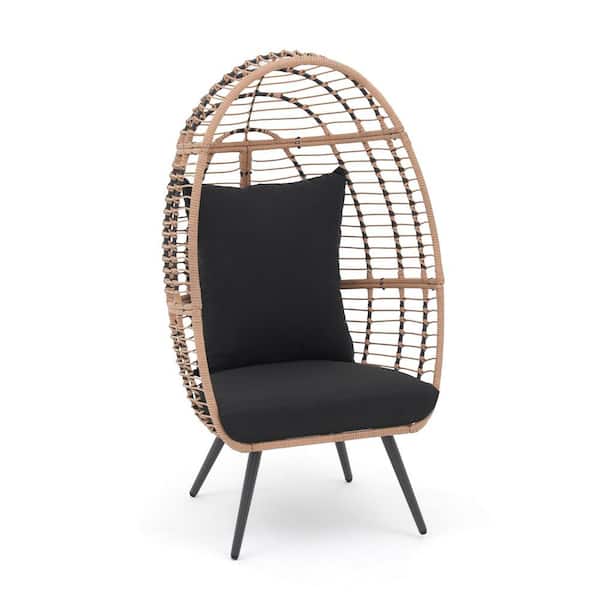 JARDINA Outdoor Patio Wicker Beige Egg Lounge Chair with Black Cushions