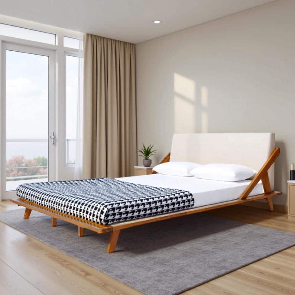 Modern Beige and Natural Brown Wood Frame Queen Panel Bed with Headboard