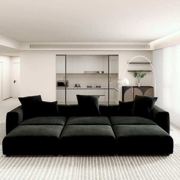 118 in. Armless Oversized 4-Piece Deep Seat L-shaped Corduroy Sectional Sofa Grand Couch with Ottoman in Black