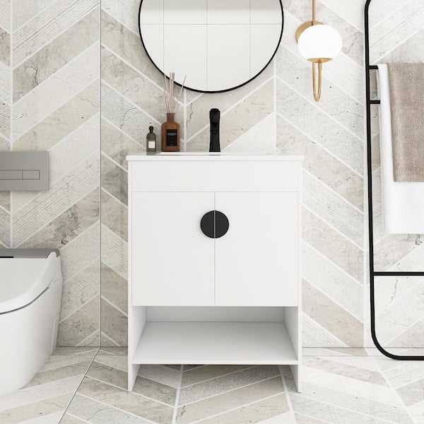 JimsMaison 24 in. W x 18 in. D x 33 in. H Freestanding Bath Vanity in White with White Ceramic Top
