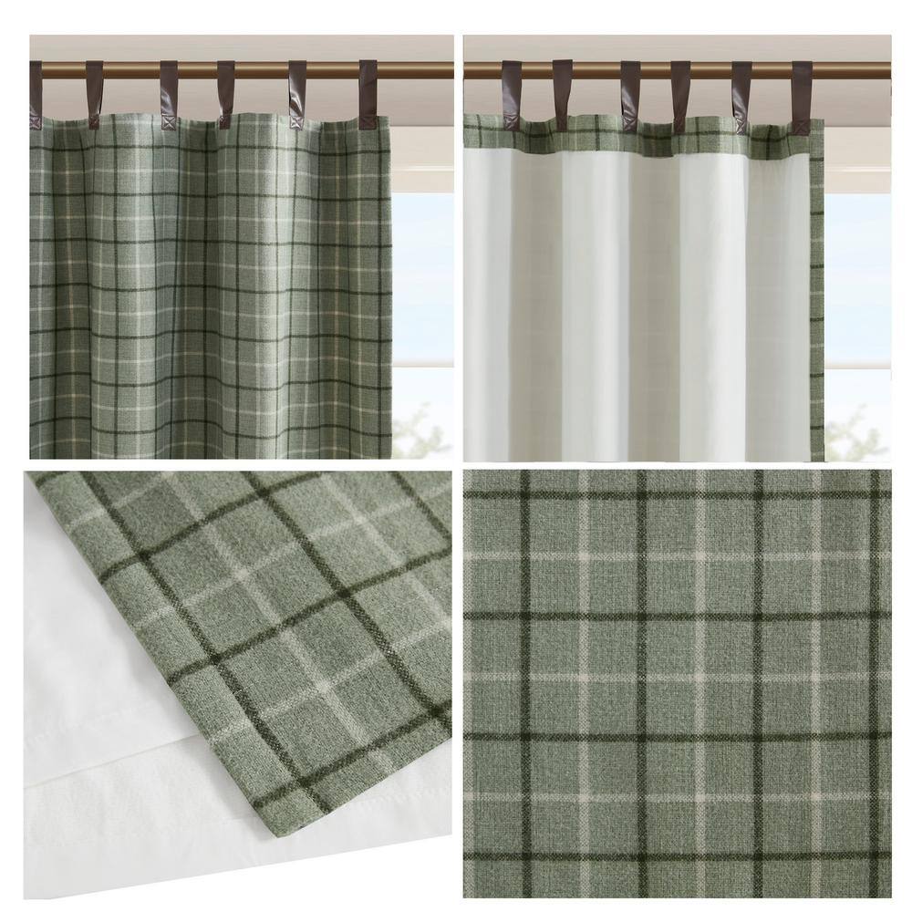 Green Plaid Polyester Tab Top Light-Filtering Drapes