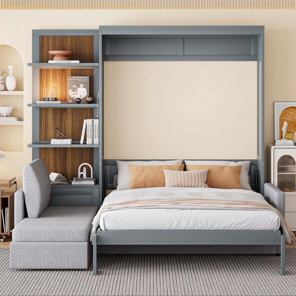 Gray Wood Frame Queen Size Murphy Bed Wall Bed with Sofa and Shelves