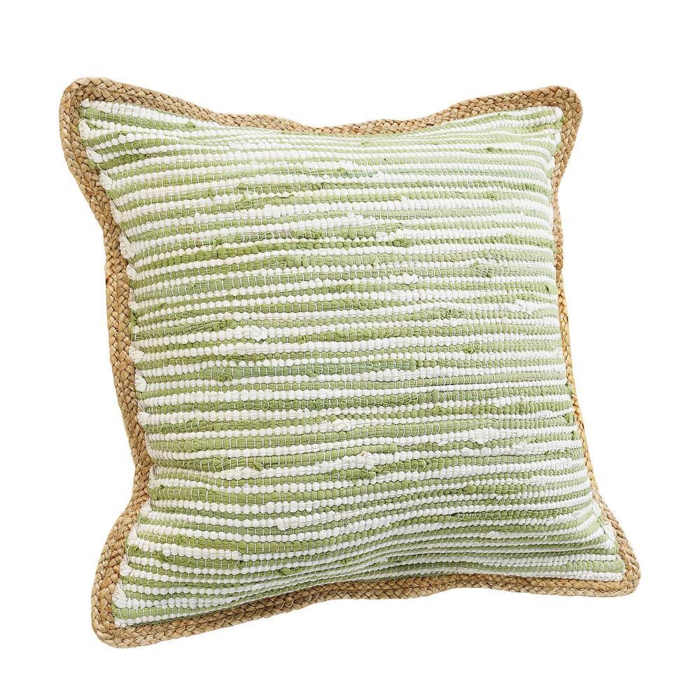 Turquoise and Jute Bordered Square Throw Pillow, 20" x 20"