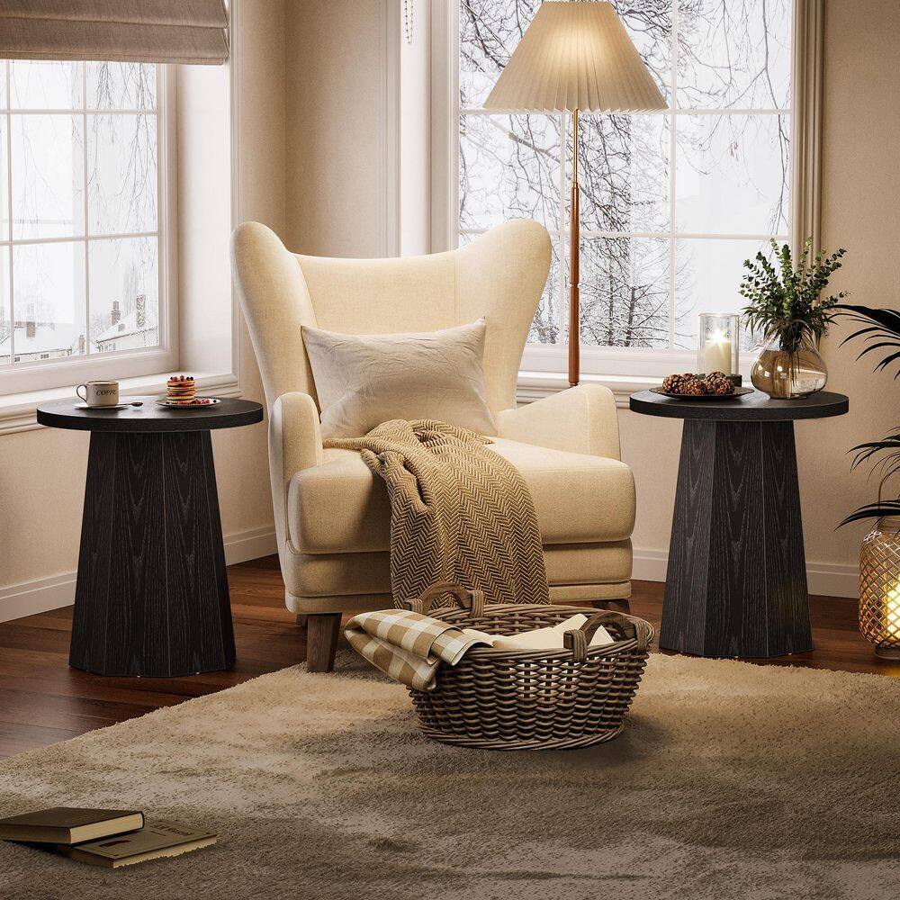 Kerlin 19.7 in. Black Round Wood End Table, Small Drum Side Table, Snack Table for Living Room, Bedroom