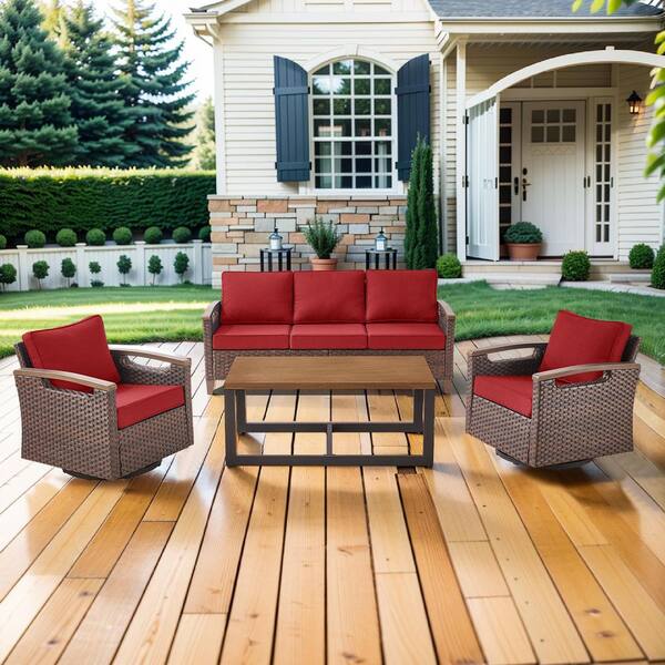 Kelsey Red 4-Piece Brown Wicker Patio Conversation Seating Sofa Set with Swivel Rocking Chairs