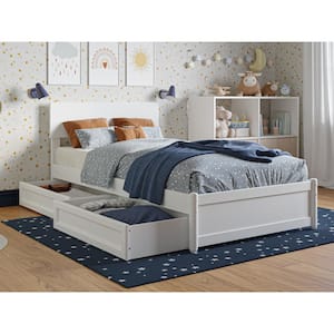 Wesley White Solid Wood Frame Twin Platform Bed with Panel Footboard and Storage Drawers