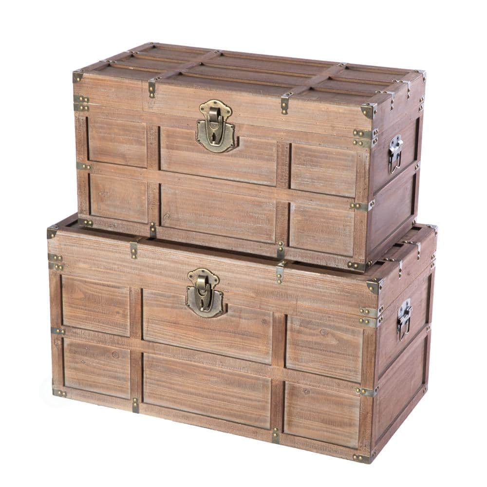 Rustic Wooden Rectangular Storage Trunk Set with Metal Accents