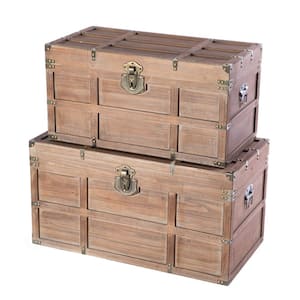 Wooden Rectangular Lined Rustic Storage Trunk with Latch, (Set of 2)