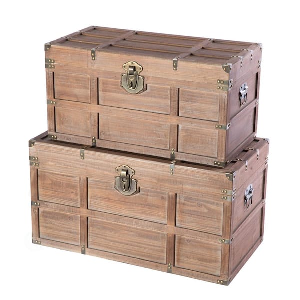 Vintiquewise Wooden Rectangular Lined Rustic Storage Trunk with Latch, (Set of 2)