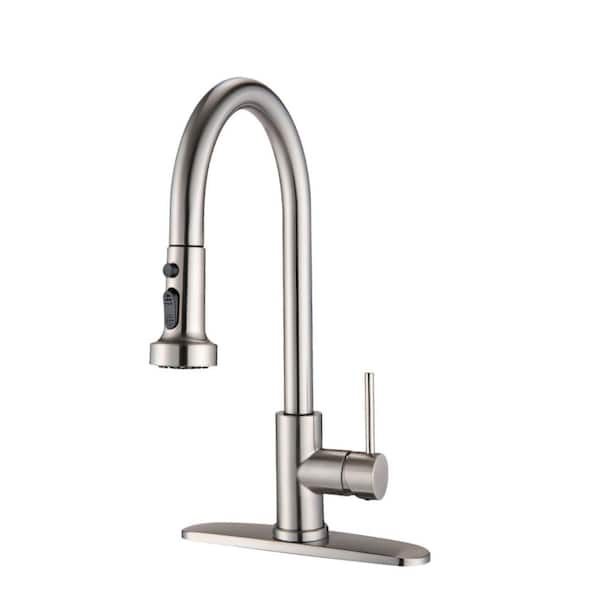 Brushed Nickel 16.14 in. H Pull Down Sprayer 360 Spout Swivel Single Handle Kitchen Faucet Sink with Soap Dispenser