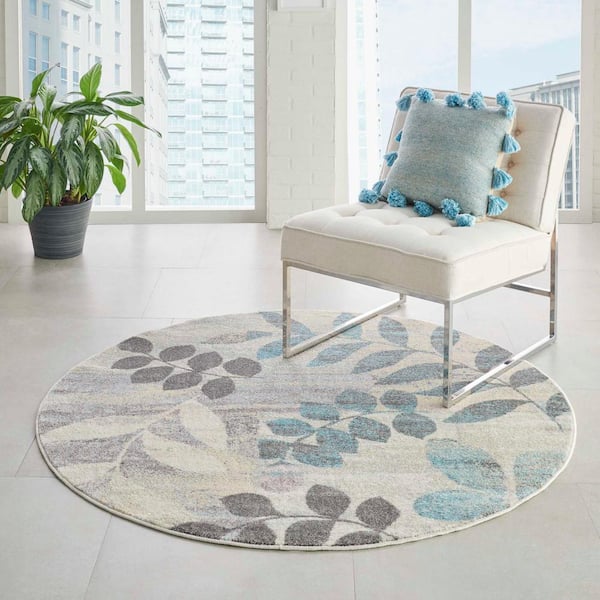 Tranquil Ivory/Light Blue 5 ft. x 5 ft. Floral Contemporary Round Area Rug