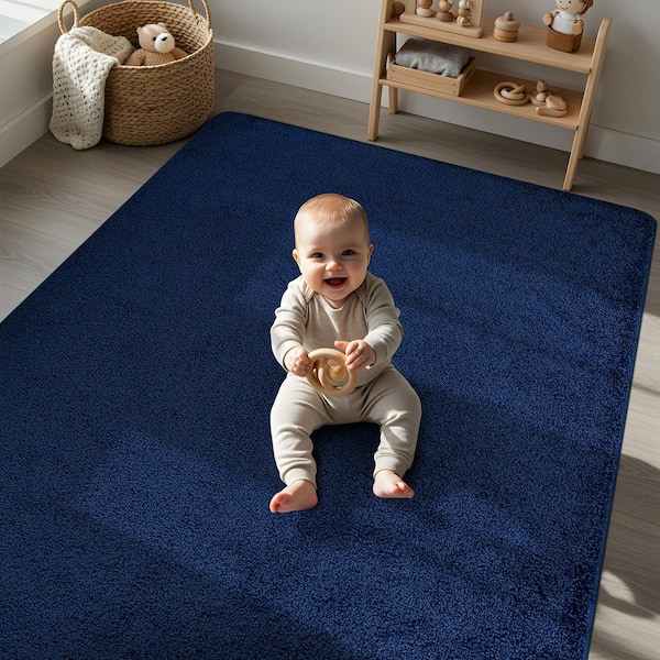 Silky Navy 6 ft. x 9 ft. Solid Plus Thick Pile Non Slip Easy Clean Non Shedding Modern Indoor Area Rug