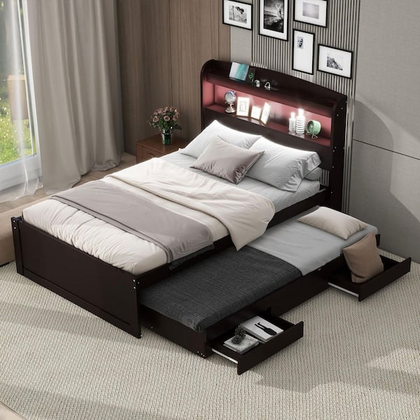 Polibi Dark Brown Wood Frame Twin Size Platform Bed with Storage LED Headboard Charging Station Twin Size Trundle and 2-Drawers