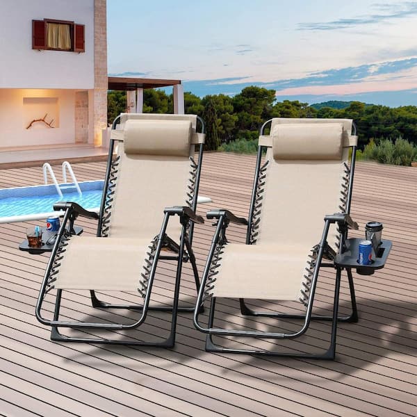 Foldable Reclining Zero Gravity Chair Outdoor Lounge Chair with Sidetable in Beige Set of 2