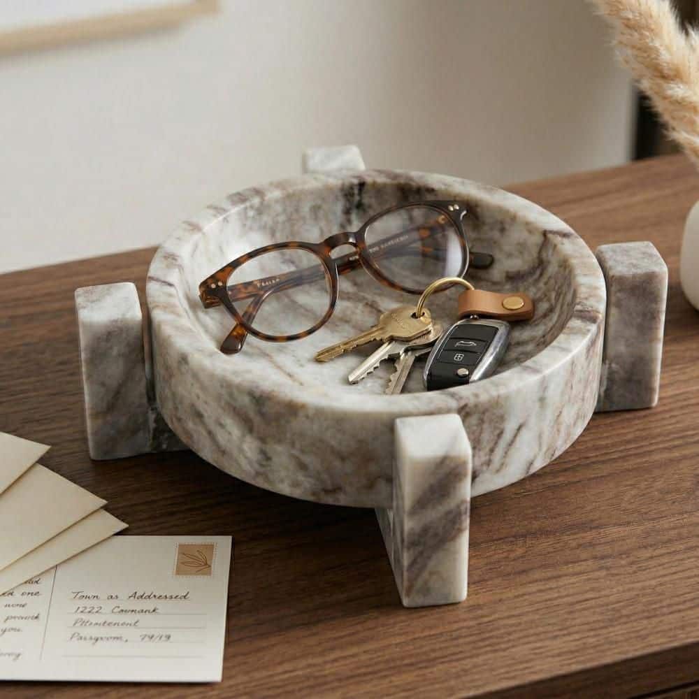 10 in. Tan/Brown Round Marble Handled Decorative Bowl