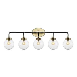 Caleb 38 in. 5-Light Contemporary Transitional Iron/Glass LED Vanity Light, Brass Gold/Black