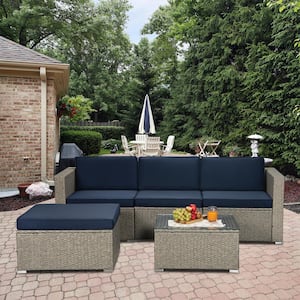 Gray Mix Yellow 5-Piece PE Wicker Outdoor Sectional Sofa Set with Navy Cushions Garden Outdoor Patio Furniture Sets