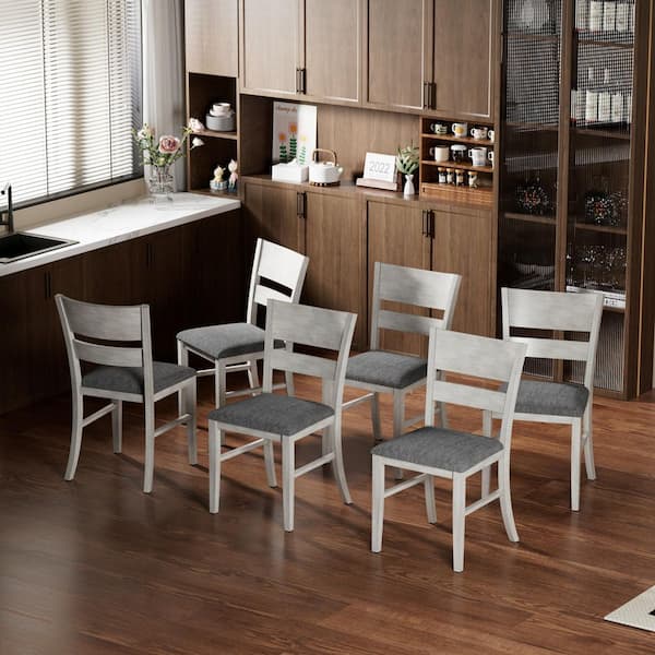 Gray Wash Upholstered Dining Chairs Set Farmhouse Wooden Kitchen Chairs (6-Piece Set) Ladder Back Dining Room Chairs