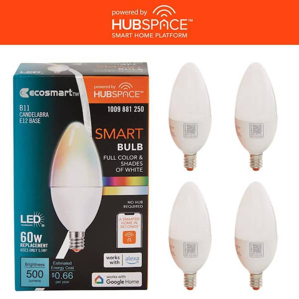 60-Watt Equivalent Smart B11 E12 Color Changing CEC LED Light Bulb with Voice Control Powered by Hubspace (4-Pack)