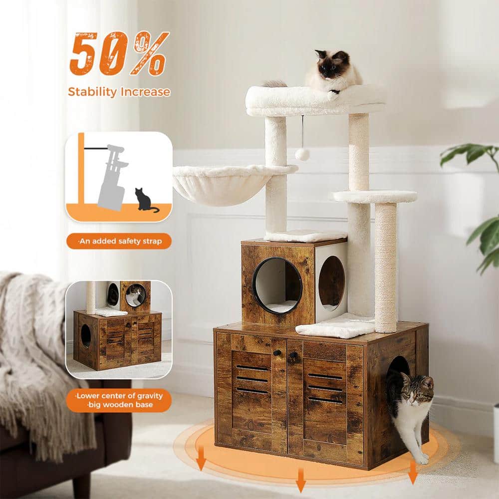 Brown Wood Cat Condo with Litter Box and Play Area