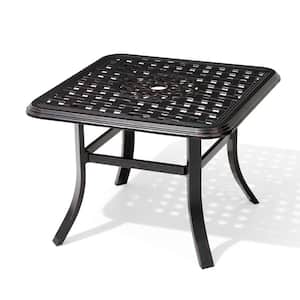 Black Square Cast Aluminum Outdoor Side Table with Umbrella Hole