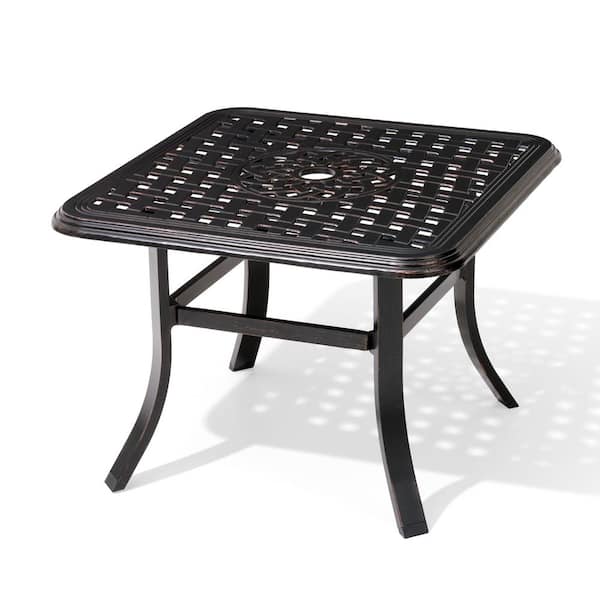 Pellebant Black Square Cast Aluminum Outdoor Side Table with Umbrella Hole